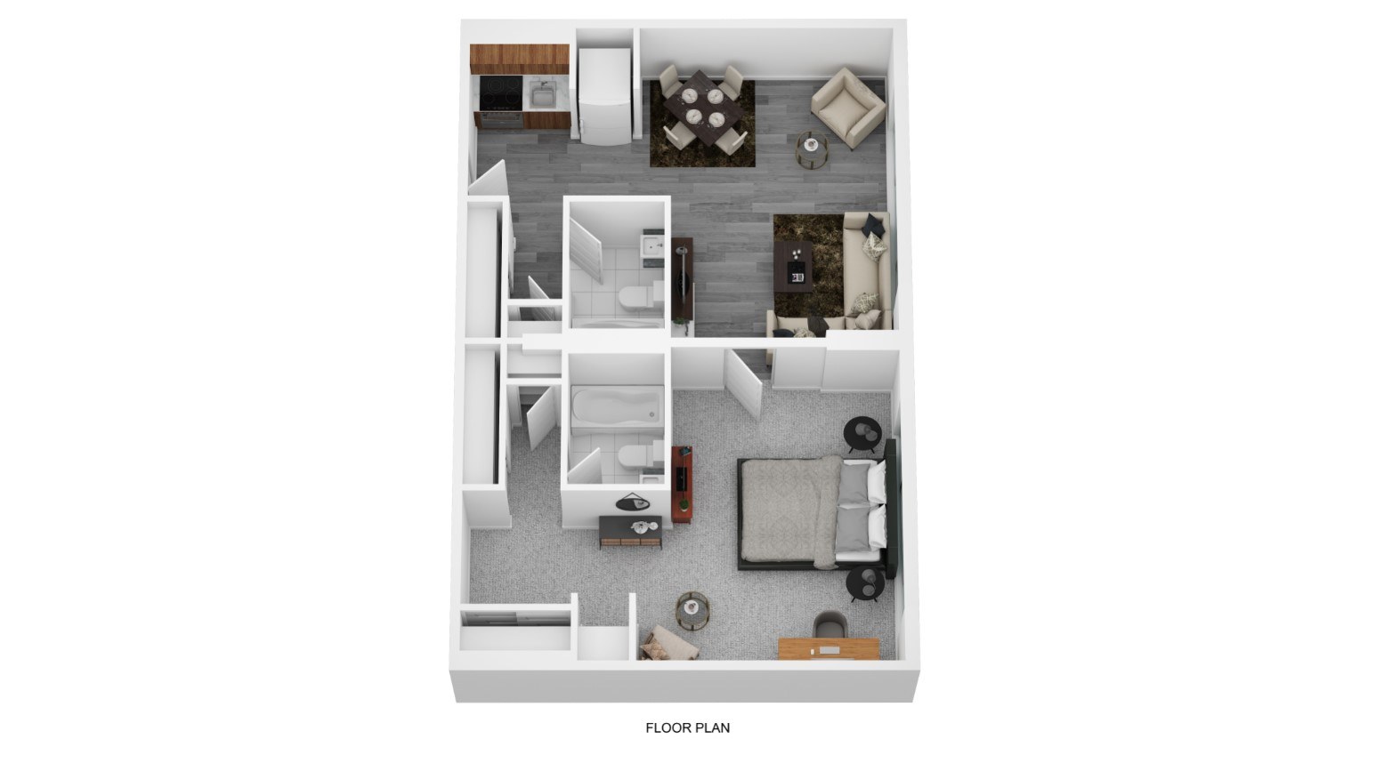 A floor plan of a house with a kitchen, living room, dining room, and two bedrooms.